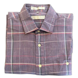 Christian Dior Mens Button Down Dress Shirt Size Large Purple Plaid Cotton Blend